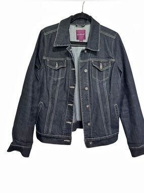 Gloria Vanderbilt Dark Wash Denim Trucker Jacket Classic White Contrast Stitch L